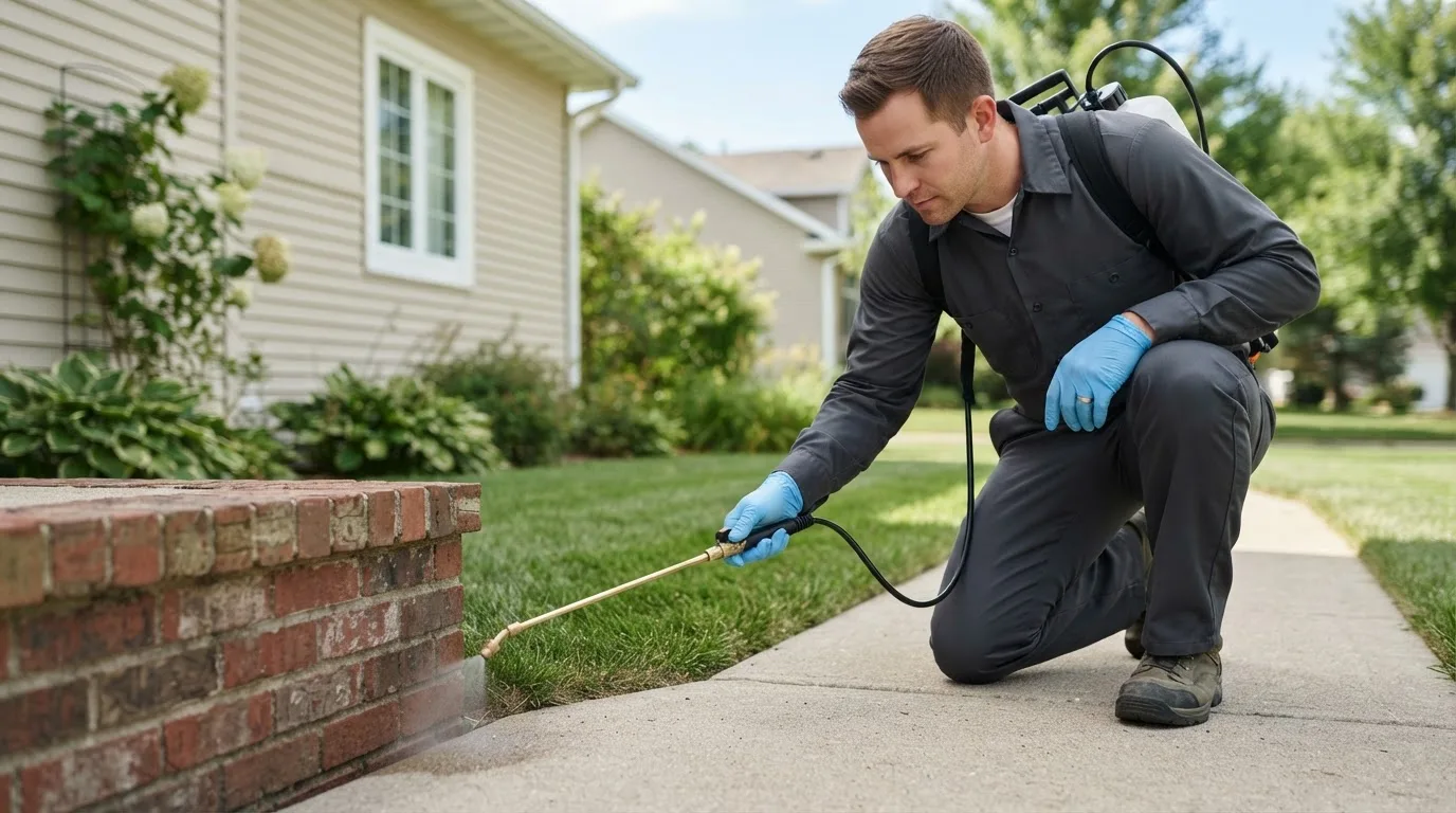 Pest control technician treating a home near Tallmansville, WV