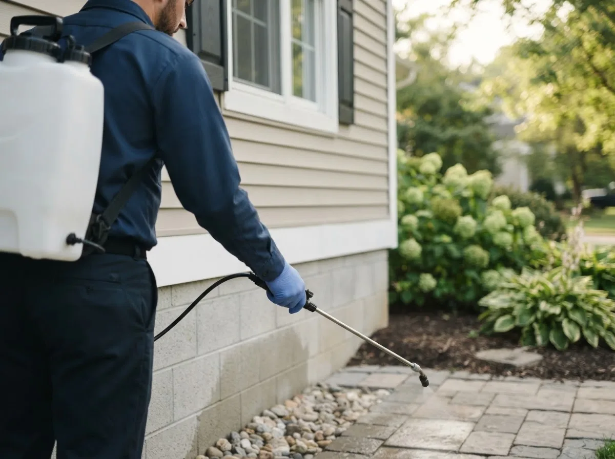 Pest control technician inspecting a home in Tallmansville, WV